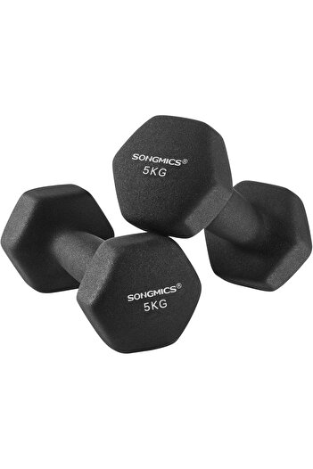 SONGMICS Hexagonal Dumbbell Set 2x5 kg, Cast Iron with Neoprene Coating, Ergonomic Non-Slip Handle