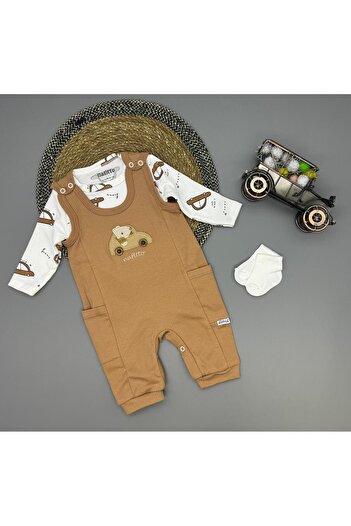 Amur Baby Teddy Bear Romper Teddy Bear Patterned Badi Car Salopet Set Cotton