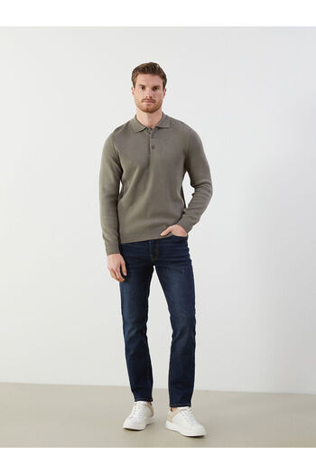 LC Waikiki Khaki Polo Collar Long Sleeve Men's Knitwear Sweater