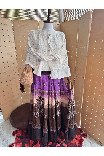 Matcha Butik Kadın Mor Desenli Hint İşlemeli Bohem Etek