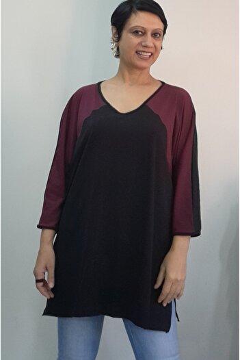 Mertcan Butik Black V-Neck Burgundy Color-Blocked Batwing Three-Quarter Sleeve Side-Slit Combed Viscose T-Shirt