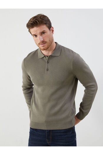 LC Waikiki Khaki Polo Collar Long Sleeve Men's Knitwear Sweater