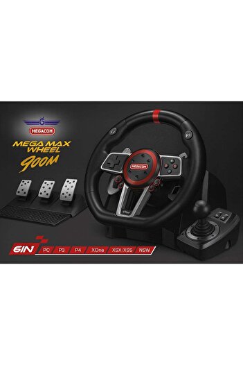 MEGACOM Mega Max Wheel 900M | Racing Steering Wheel with 6-Speed Shifter & 3 Pedals | 900° Rotation