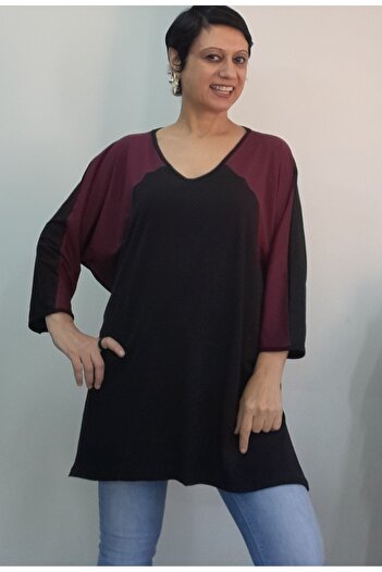 Mertcan Butik Black V-Neck Burgundy Color-Blocked Batwing Three-Quarter Sleeve Side-Slit Combed Viscose T-Shirt