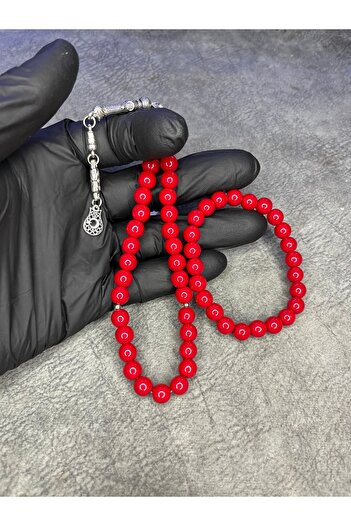 Mos Tespih Red Glass Beads Natural Stone Prayer Beads and Bracelet Set