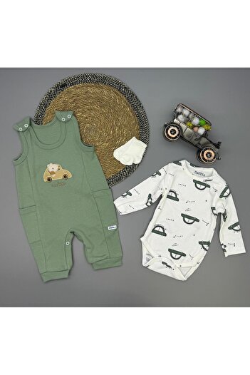 Amur Baby Teddy Bear Romper Teddy Bear Patterned Badi Car Salopet Set Cotton