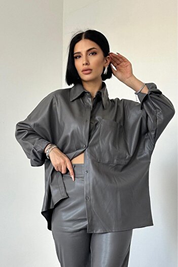 369 etnik butik Gray Faux Leather Oversize Women's Shirt & Pants Set