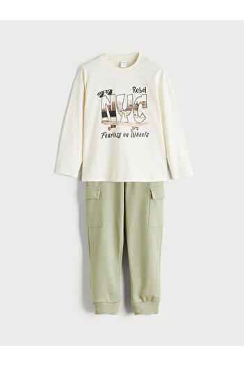 LC Waikiki Lcw Kidsbeige Crew Neck Boys' T-Shirt and Sweatpants