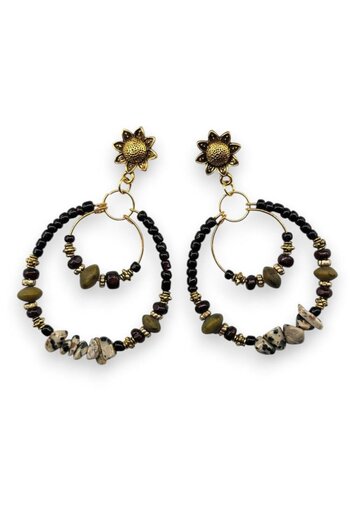 dela otantik Handmade Bohemian Double Hoop Beaded Stone Big Earrings – Authentic Vintage Bijouterie Festival Jewelry