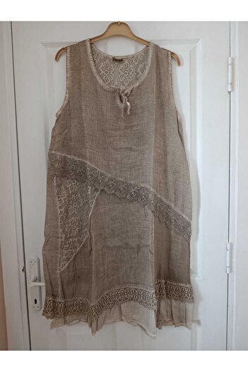 anne moda ankara Ανώτερης ποιότητας, 100% πλυμένο, υφαντό από βαμβάκι, με λεπτομέρεια από δαντέλα, με κορδόνια στο λαιμό, αμάνικο φόρεμα