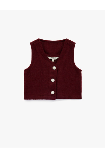 Koton V-Neck Sleeveless Pearl Button Tweed Vest