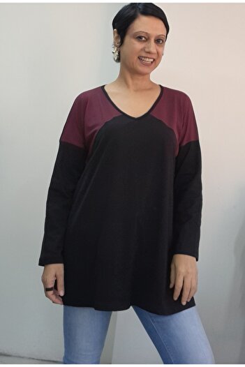 Mertcan Butik Black V-Neck Burgundy Color-Blocked Size Fits All Low-Sleeve Combed Viscose T-Shirt