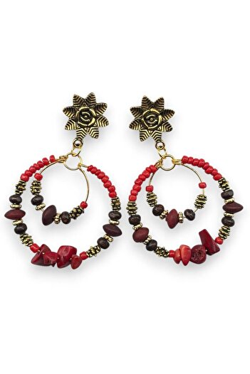 dela otantik Handmade Bohemian Double Hoop Beaded Stone Big Earrings – Authentic Vintage Bijouterie Festival Jewelry