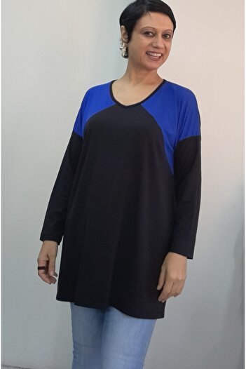 Mertcan Butik Black Indigo Color-Blocked V-Neck Size Fits All Low-Sleeve Combed Viscose T-Shirt