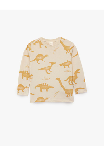 Koton Long Sleeve Crew Neck Dinosaur Printed Cotton T-Shirt