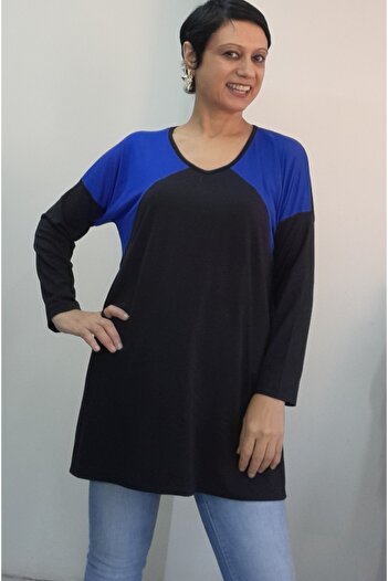 Mertcan Butik Black Indigo Color-Blocked V-Neck Size Fits All Low-Sleeve Combed Viscose T-Shirt