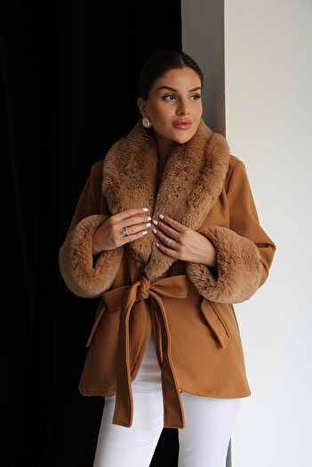 Julidress Premium Design Cashmere Coat with Feather Detail on the Sleeves and Collar, Tie-Up Closure