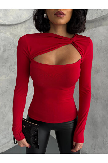 Asfa Moda Women's Red Twist Detailed Low-Cut Slip-On Body Blouse