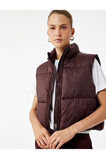 Koton Stand Collar Sleeveless Zippered Water Repellent Crop Puffer Vest