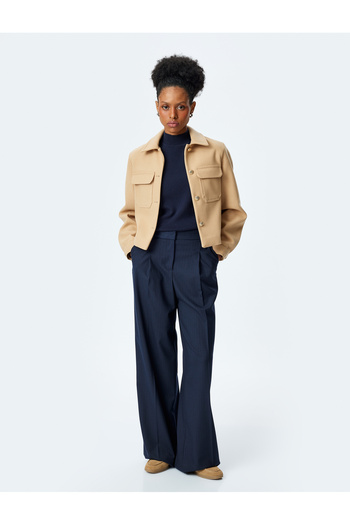 Koton Classic Collar Buttoned Pocket Detailed Crop Jacket
