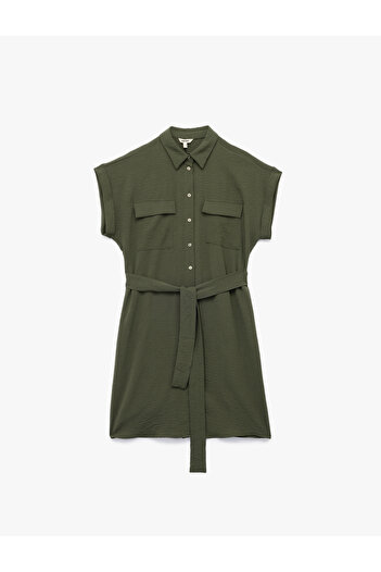 Koton Shirt Collar Pocket Belted Midi Length Short Sleeve Dress