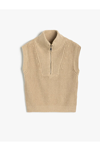 Koton Knitted Sweater Half Zipper Stand Collar Ribbed