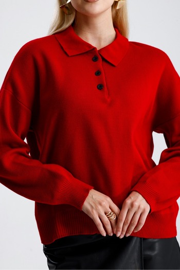 Rawanda Kadın kırmızı Basic Polo Yaka Triko Kazak
