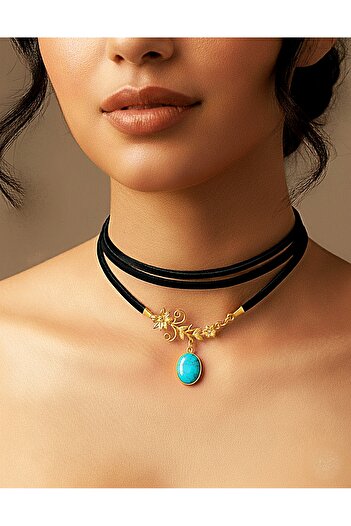 LADYMİRAGE Real Leather Turquoise Stone Choker Necklace
