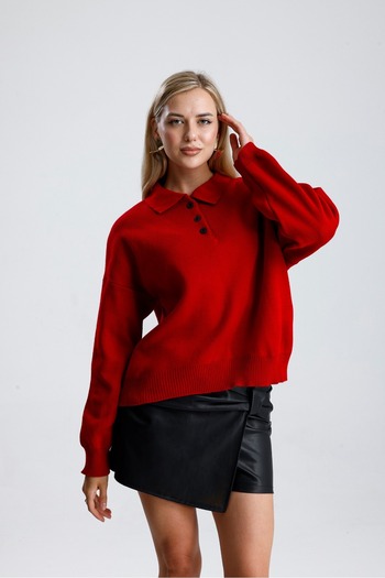 Rawanda Kadın kırmızı Basic Polo Yaka Triko Kazak