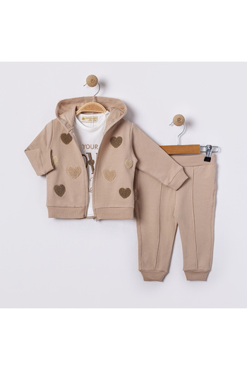 Uslukids Zippered Hooded Embroidered 3-Piece Girls' Tracksuit New Season