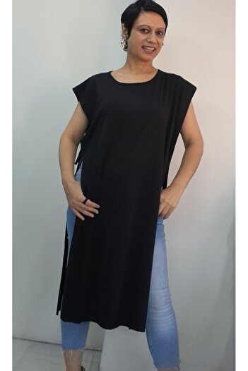 Mertcan Butik Black Multi-Purpose Side Lace-Up Below-The-Knee Concealer Vest Made of Combed Viscose
