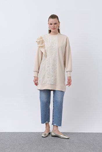 Modamorfo Women's Shoulder Ruffle Detailed Lace Garnished Tunic - 10628Tnk