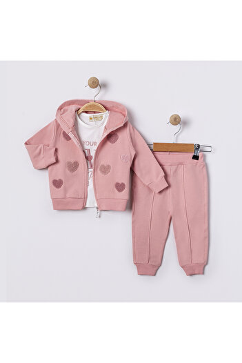 Uslukids Zippered Hooded Embroidered 3-Piece Girls' Tracksuit New Season