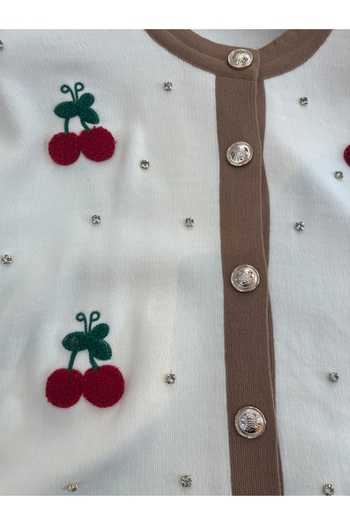 MY QILAM Women's Hijab Knitwear Set Cherry Embroidered Cardigan with Skirt Top and Bottom Set Beige