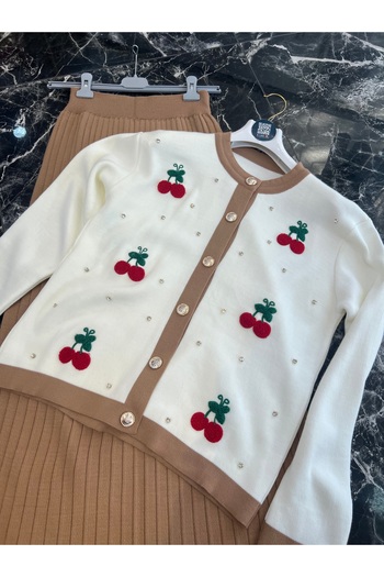 MY QILAM Women's Hijab Knitwear Set Cherry Embroidered Cardigan with Skirt Top and Bottom Set Beige
