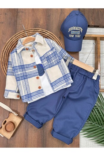 ADDA 4-Piece Baby Boy Set with Lumberjack Shirt, Cotton Printed Casual Pants, Comfortable Fabric and Hat