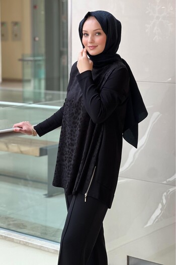 Nuss 3002 Tunic with Mercerized Leopard Print on the Sleeves and Back