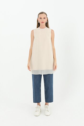 Modamorfo Women's Sleeveless Tulle Detailed Innerwear Tunic - 10270Tun