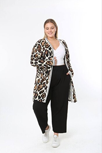 Butik Nilyam Women's Plus Size Stripe Detailed Patterned Long Sleeve Stretchy Viscose Cardigan 25003