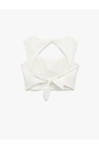 Koton Square Neck Sleeveless Linen Crop Blouse with Window Detail on the Back