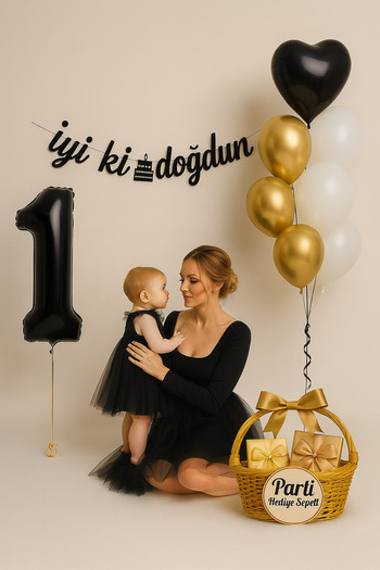 parti hediye sepeti 1 Year Old Birthday Balloon Set Black Gold White |   Number Foil and Black Heart Balloon Included