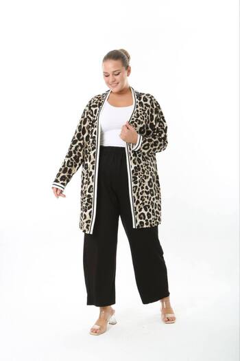 Butik Nilyam Women's Plus Size Stripe Detailed Patterned Long Sleeve Stretchy Viscose Cardigan 25003