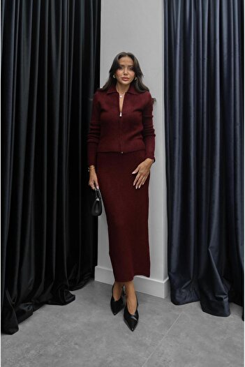 Havoş Burgundy Zippered Cardigan Skirt Set