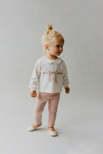 Magu Girls' Cotton Pink Bow Long Sleeve T-Shirt and Leggings Set - Lace Collar Detail