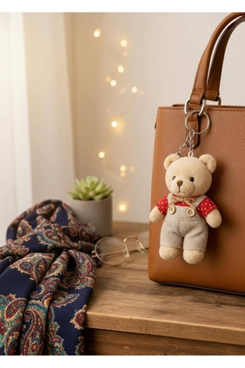 Şirin 11 cm Peluş Ayıcık Anahtarlık – Kırmızı Üstlü Tulumlu Teddy Bear