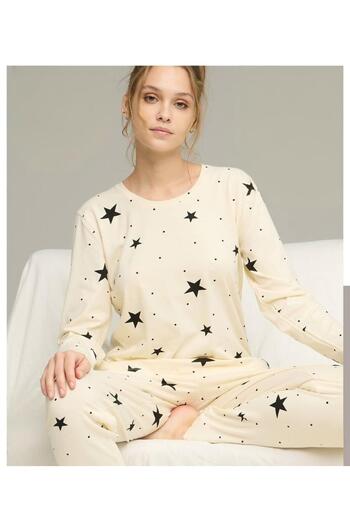 XORVİO Women's Cream Seasonal Casual Home Wear Long Sleeve Pajama Set