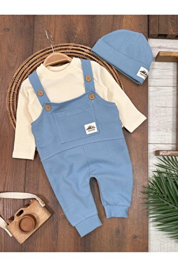 ADDA Waffle Fabric Cotton Bodysuit Beanie 3-Piece Salopet Boy Baby Jumpsuit