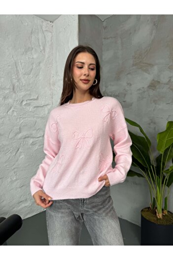 Elif Özbey Butik Pembe Fiyonk Detaylı Triko Kazak