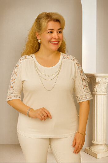 FOR ESRA BIG TREND Women's Plus Size Shoulder and Elbow Floral Lace Pearl Pendant Flexible Batwing Sleeve Viscose Blouse