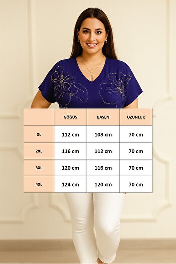 FOR ESRA BIG TREND Women's Plus Size Shoulder Big Flower Rhinestone V-Neck Stretchy Viscose Batwing Sleeve Blouse